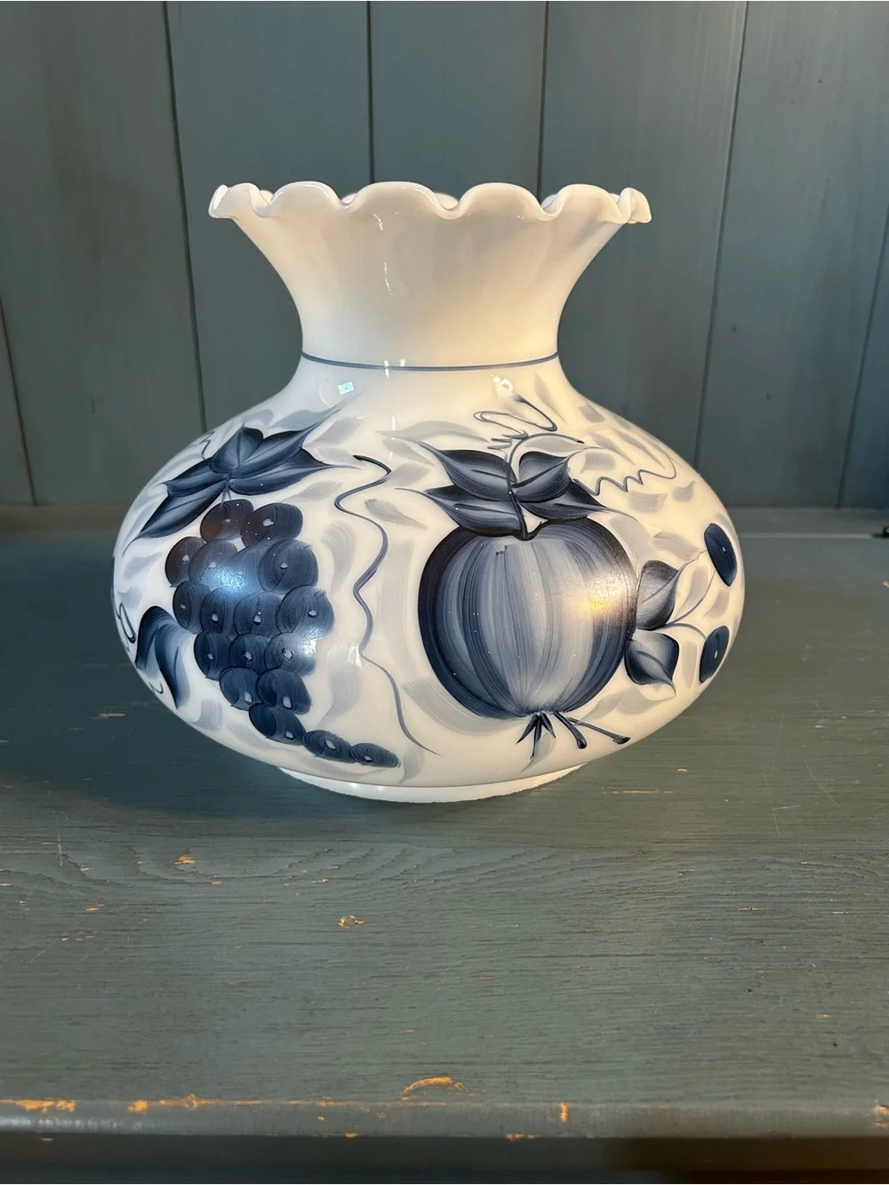 Vintage Blue and White Fruit Motif Handprinted Glass Lampshade-Gone w/ The Wind